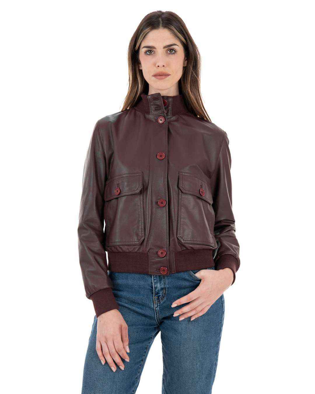 Bomber Jacket Vera Pelle Womens Leather Jacket SARAH Women's Bordeaux Genuine Leather Button-Front Bomber Jacket – Doppia  Pelle