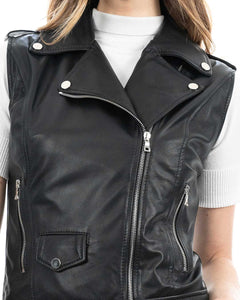 VICTORIA Gilet Chiodo Smanicato con cintura da donna in vera pelle nero