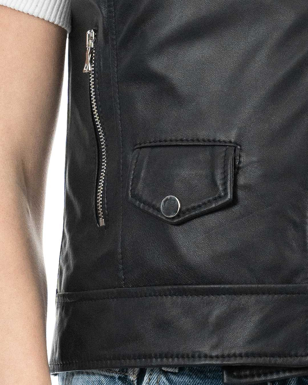 VICTORIA Gilet Chiodo Smanicato con cintura da donna in vera pelle nero