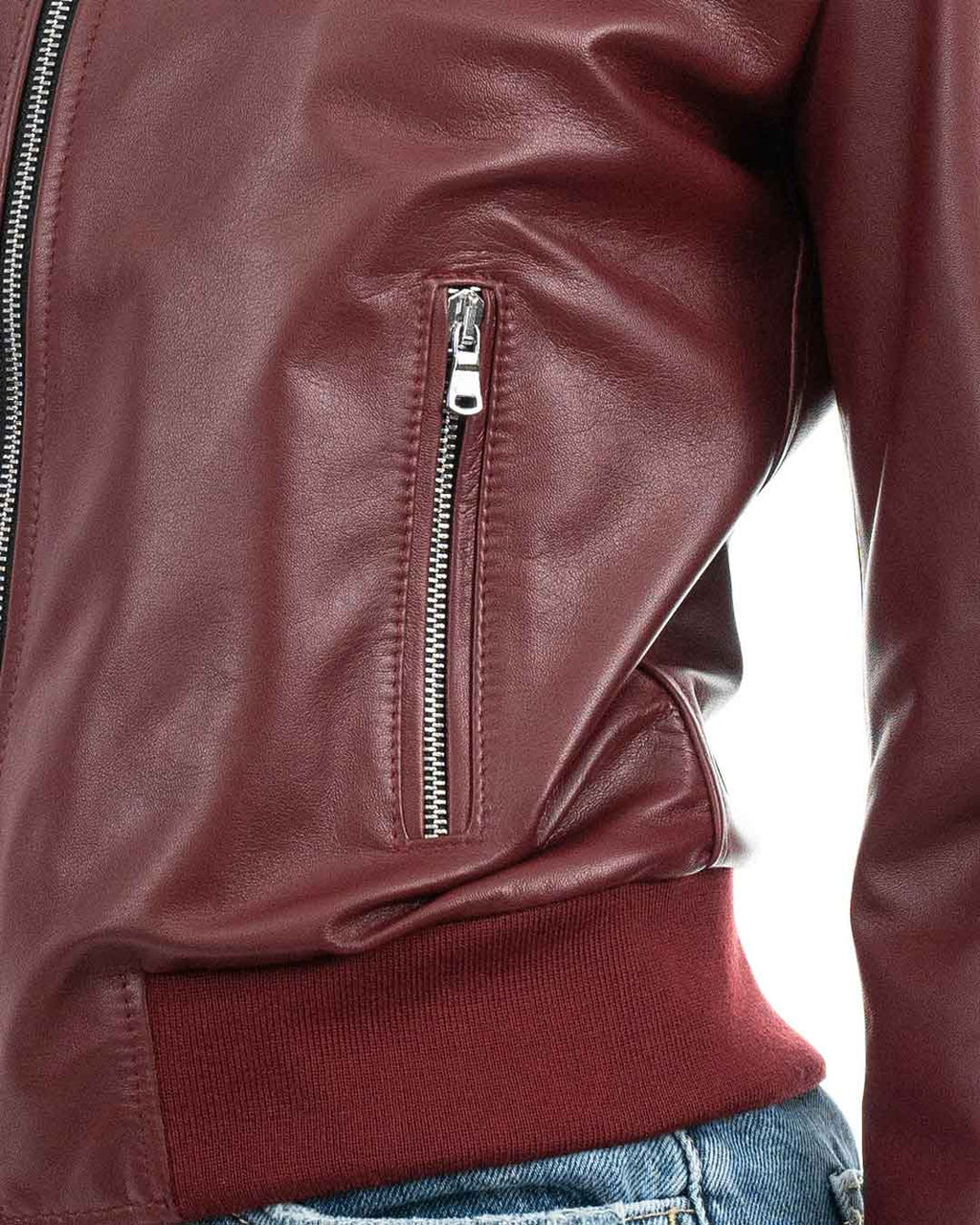 AURORE Giacca Bomber con cappuccio da donna in vera pelle bordeaux
