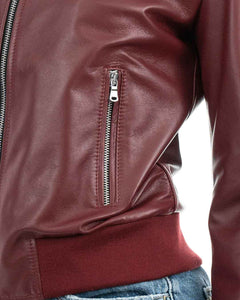 AURORE Giacca Bomber con cappuccio da donna in vera pelle bordeaux