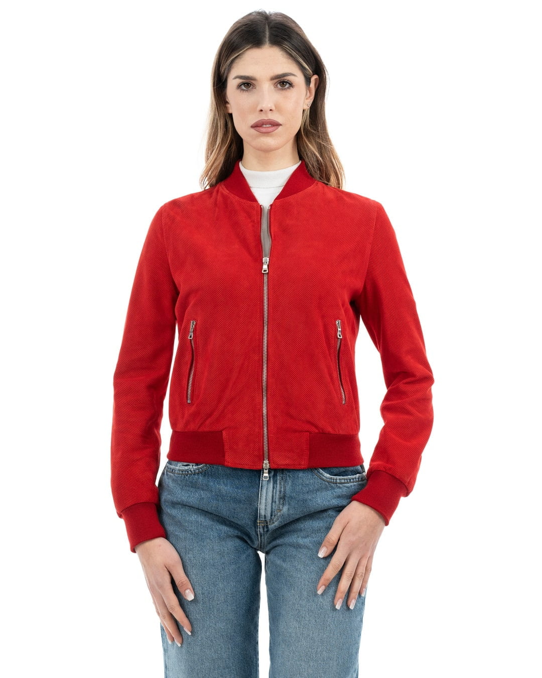 Giacca Bomber da donna in vera pelle scamosciata traforata rosso