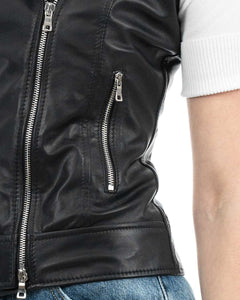 VICTORIA Gilet Chiodo Smanicato con cintura da donna in vera pelle nero