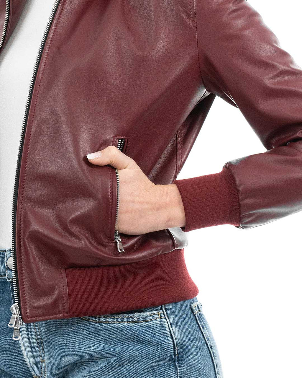 AURORE Giacca Bomber con cappuccio da donna in vera pelle bordeaux