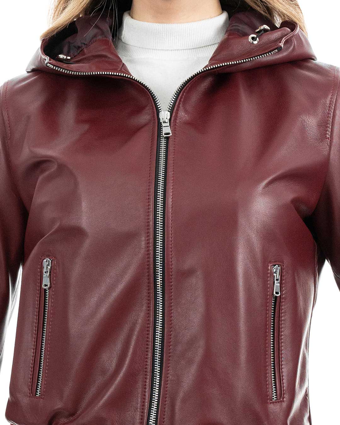AURORE Giacca Bomber con cappuccio da donna in vera pelle bordeaux