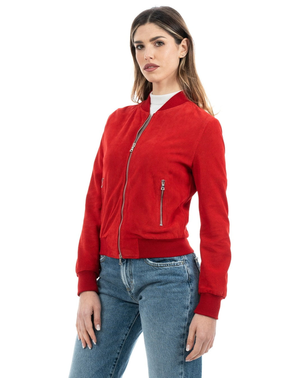 BELEN Giacca Bomber da donna in vera pelle scamosciata traforata rosso