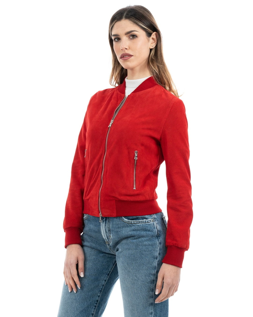 BELEN Giacca Bomber da donna in vera pelle scamosciata traforata rosso