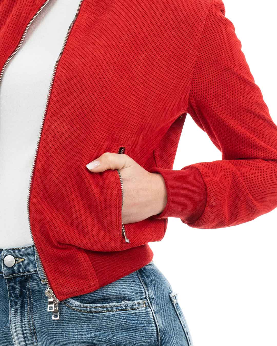 BELEN Giacca Bomber da donna in vera pelle scamosciata traforata rosso