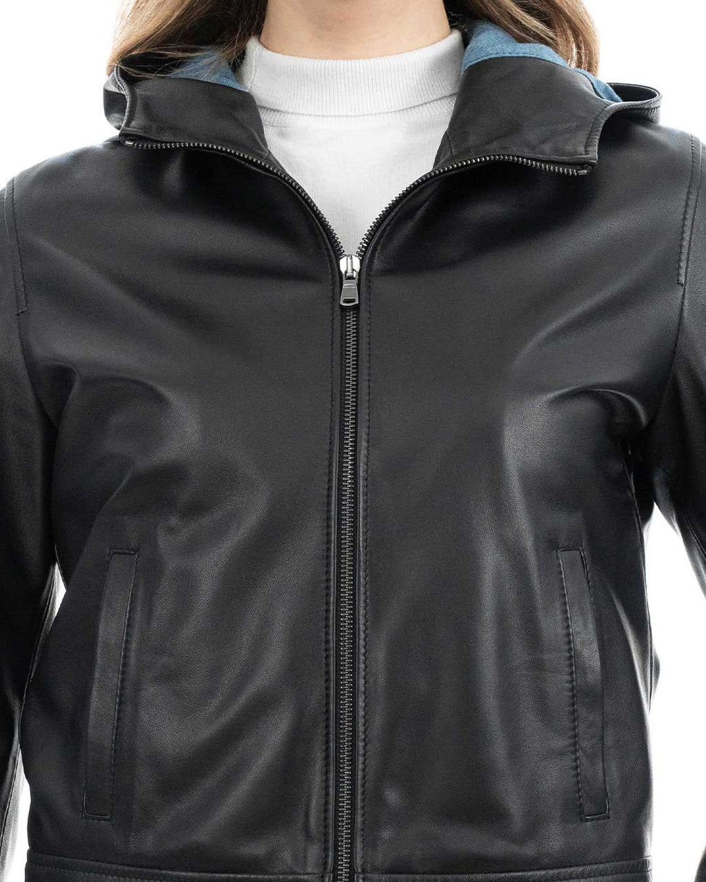 MORENA Giacca con cappuccio da donna in vera pelle nero
