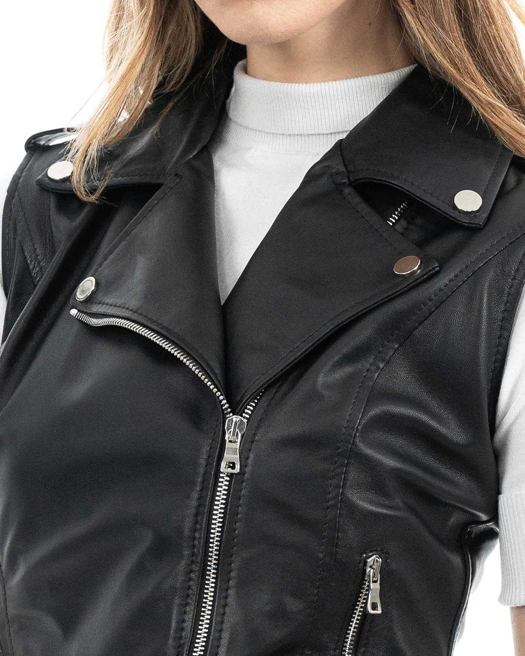 VICTORIA Gilet Chiodo Smanicato con cintura da donna in vera pelle nero