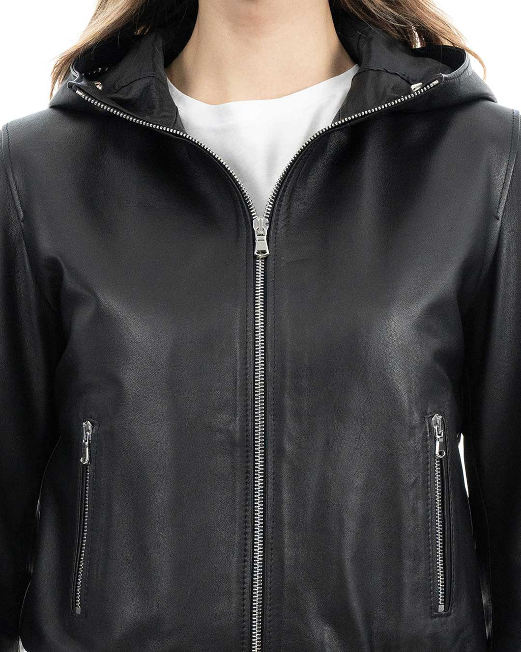 AURORE Giacca Bomber con cappuccio da donna in vera pelle nero
