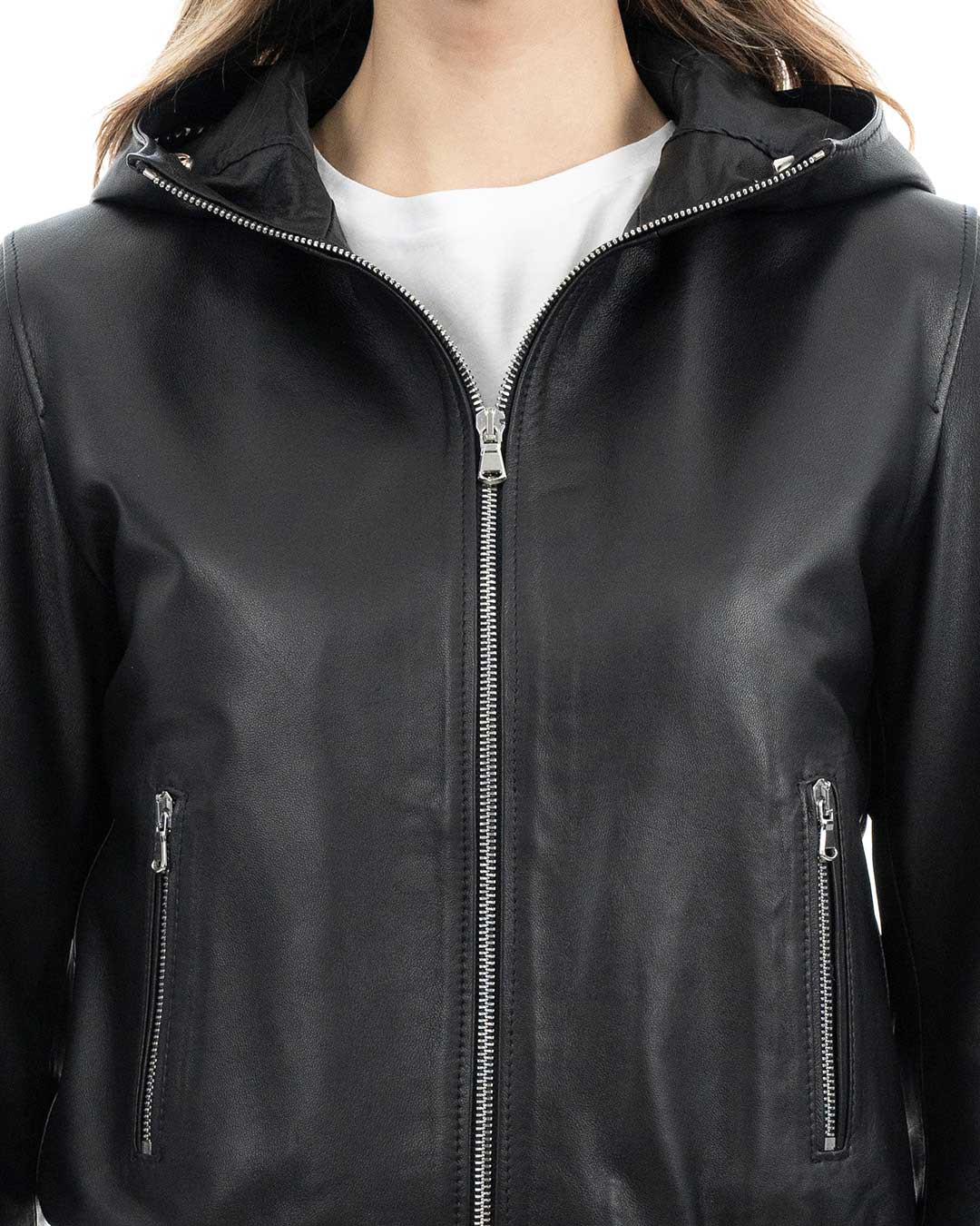 AURORE Giacca Bomber con cappuccio da donna in vera pelle nero