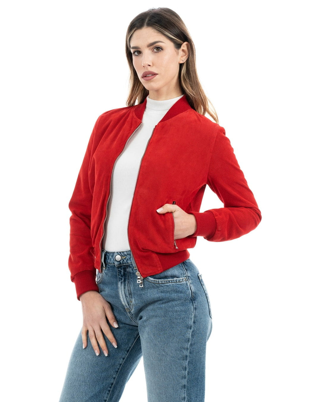 BELEN Giacca Bomber da donna in vera pelle scamosciata traforata rosso