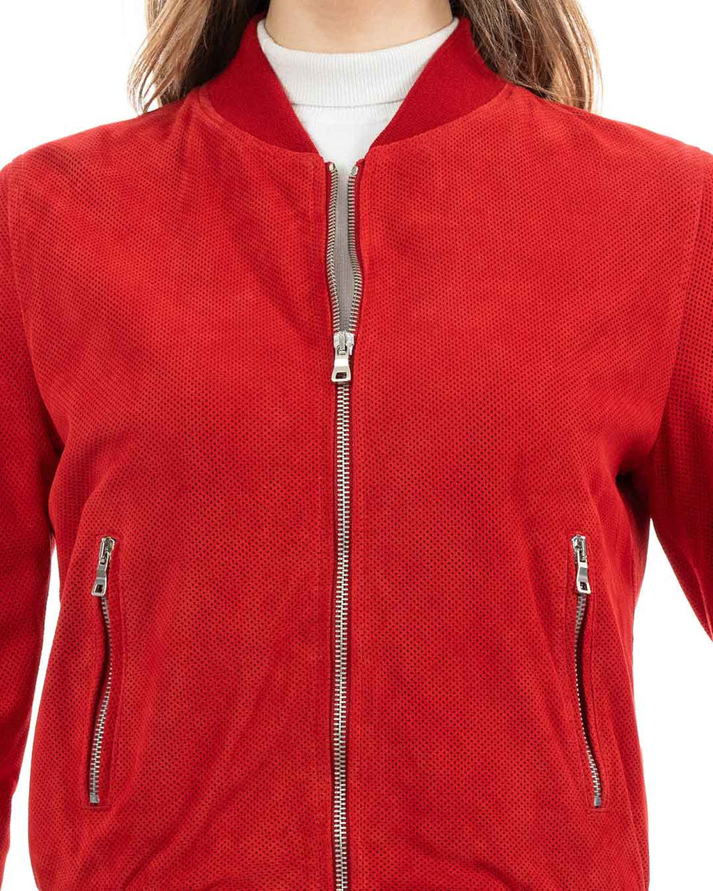 BELEN Giacca Bomber da donna in vera pelle scamosciata traforata rosso