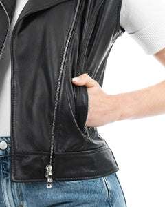 VICTORIA Gilet Chiodo Smanicato con cintura da donna in vera pelle nero