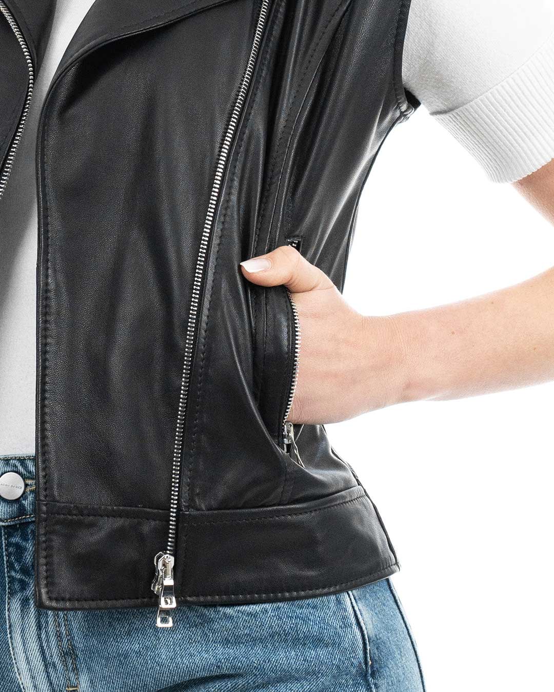VICTORIA Gilet Chiodo Smanicato con cintura da donna in vera pelle nero