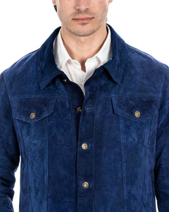 DENNY Giacca Jeans da uomo in vera pelle scamosciata blu