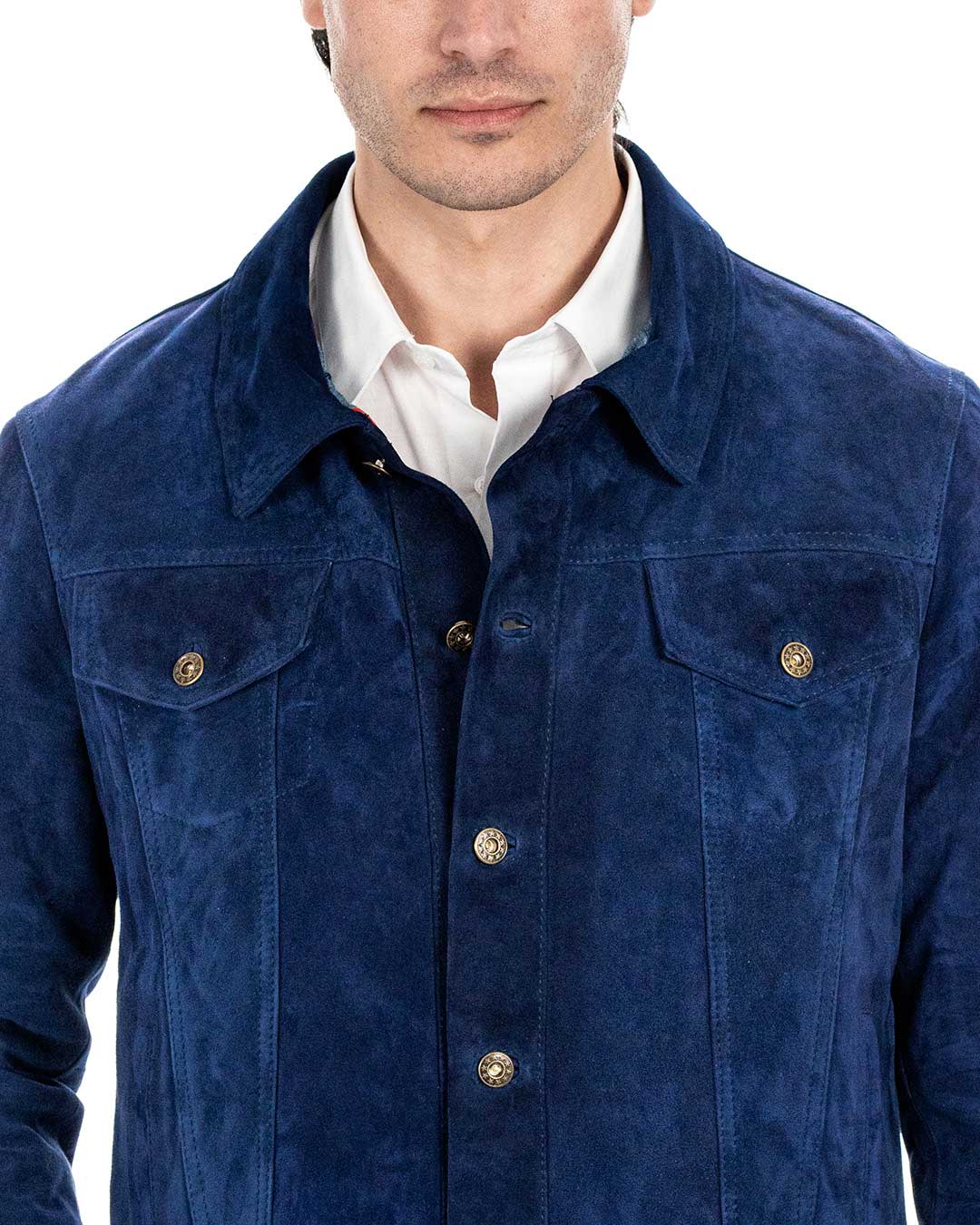 DENNY Giacca Jeans da uomo in vera pelle scamosciata blu