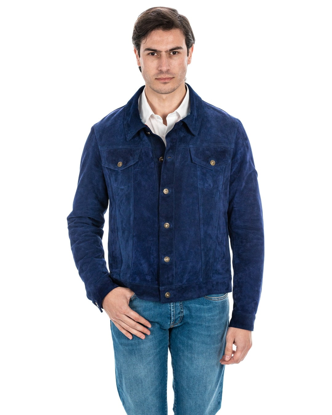 DENNY Giacca Jeans da uomo in vera pelle scamosciata blu