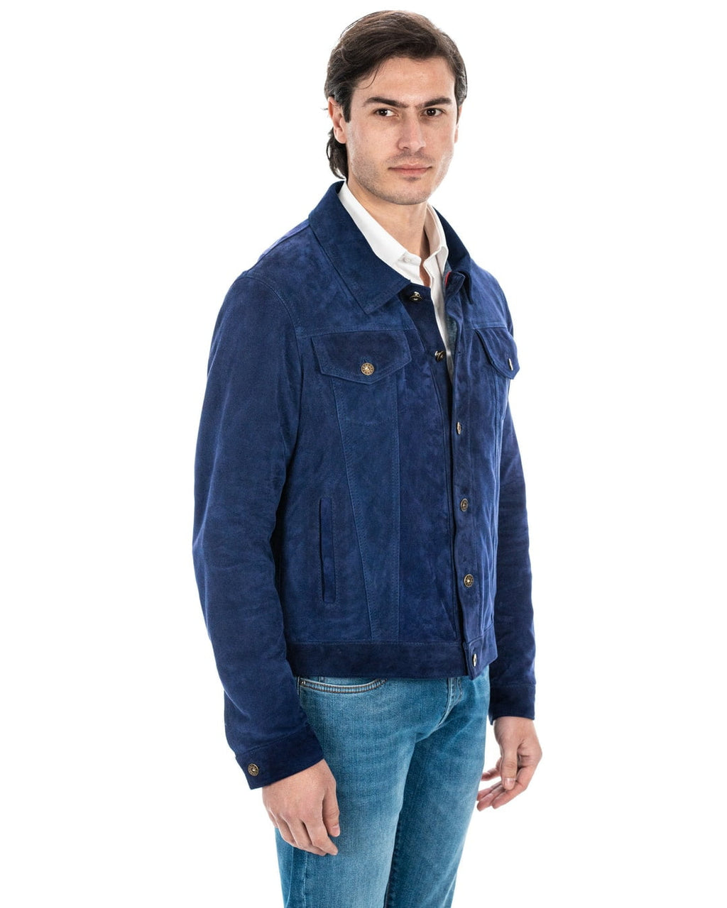 DENNY Giacca Jeans da uomo in vera pelle scamosciata blu