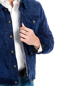 DENNY Giacca Jeans da uomo in vera pelle scamosciata blu