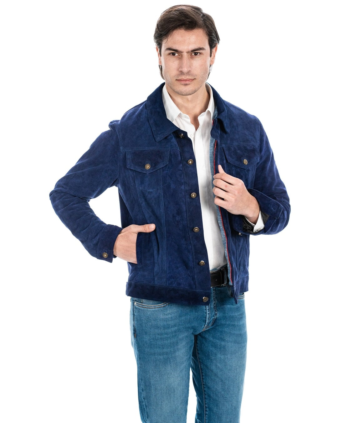 DENNY Giacca Jeans da uomo in vera pelle scamosciata blu