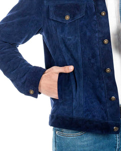 DENNY Giacca Jeans da uomo in vera pelle scamosciata blu