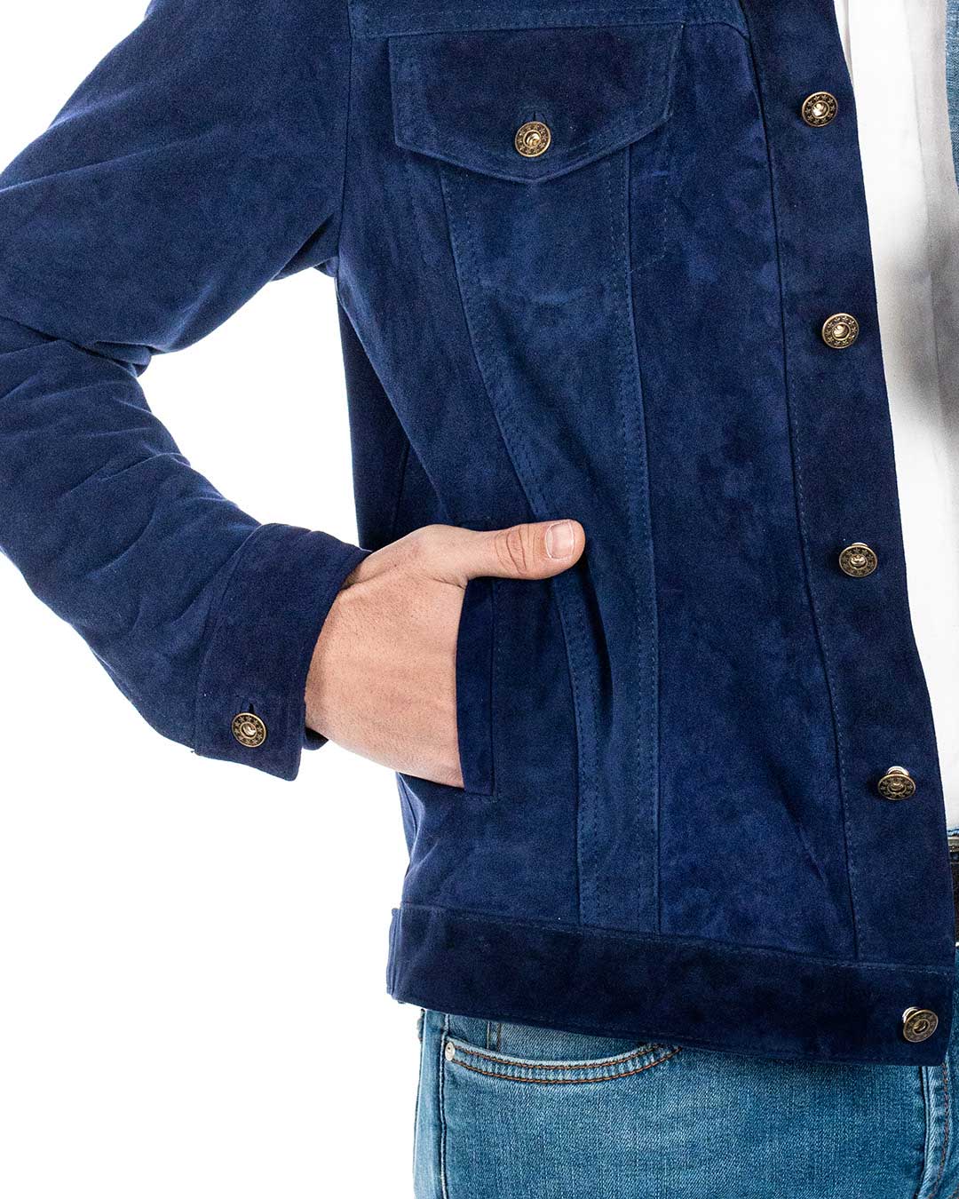 DENNY Giacca Jeans da uomo in vera pelle scamosciata blu