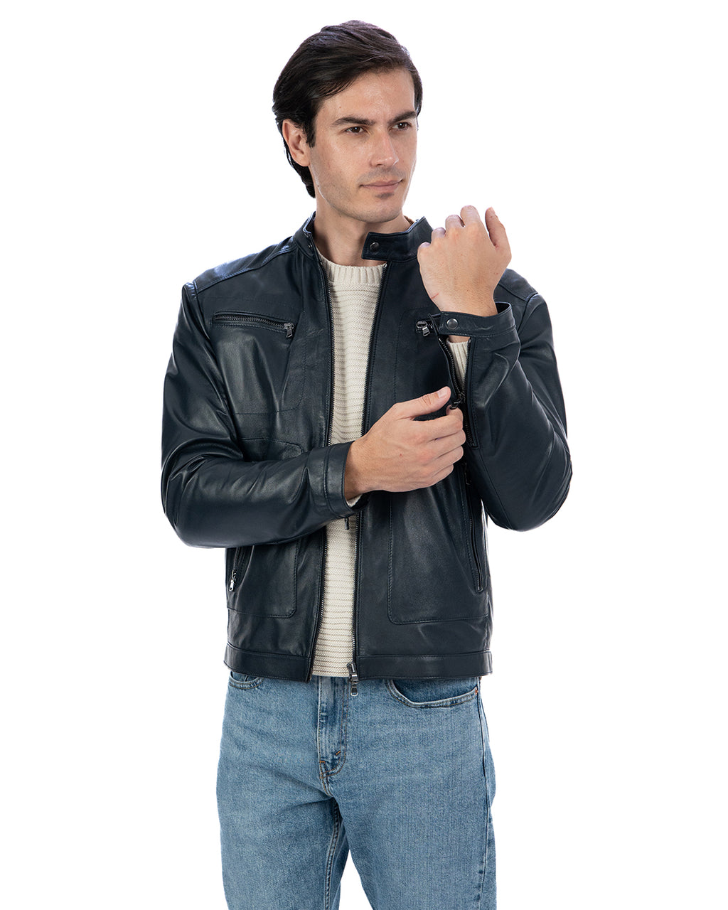 CRISTIAN Giacca Biker da uomo in vera pelle blu