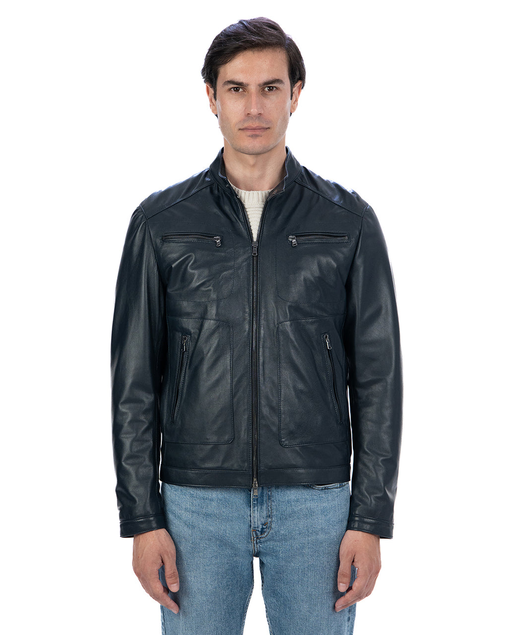 CRISTIAN Giacca Biker da uomo in vera pelle blu