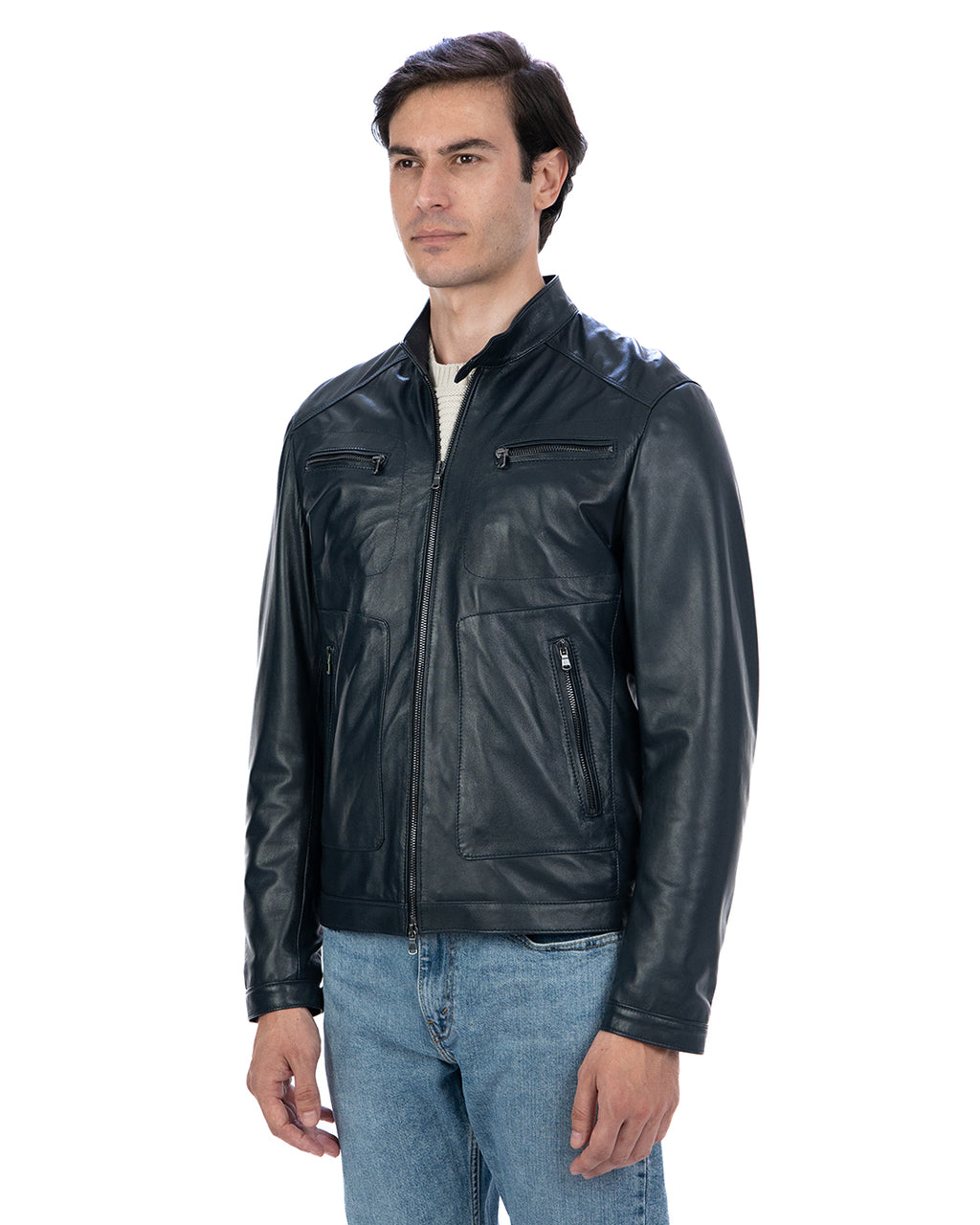 CRISTIAN Giacca Biker da uomo in vera pelle blu