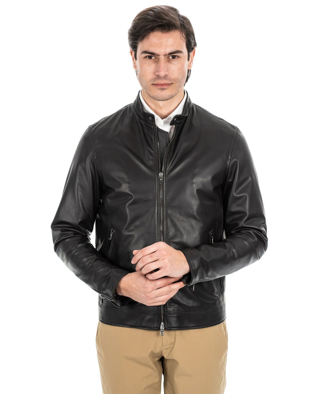 Giacca Biker da uomo in vera pelle marrone