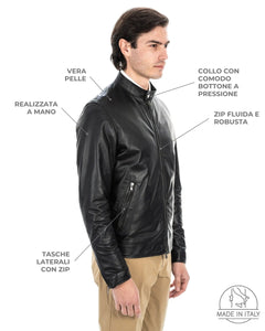 LOUIS Giacca Biker da uomo in vera pelle nero