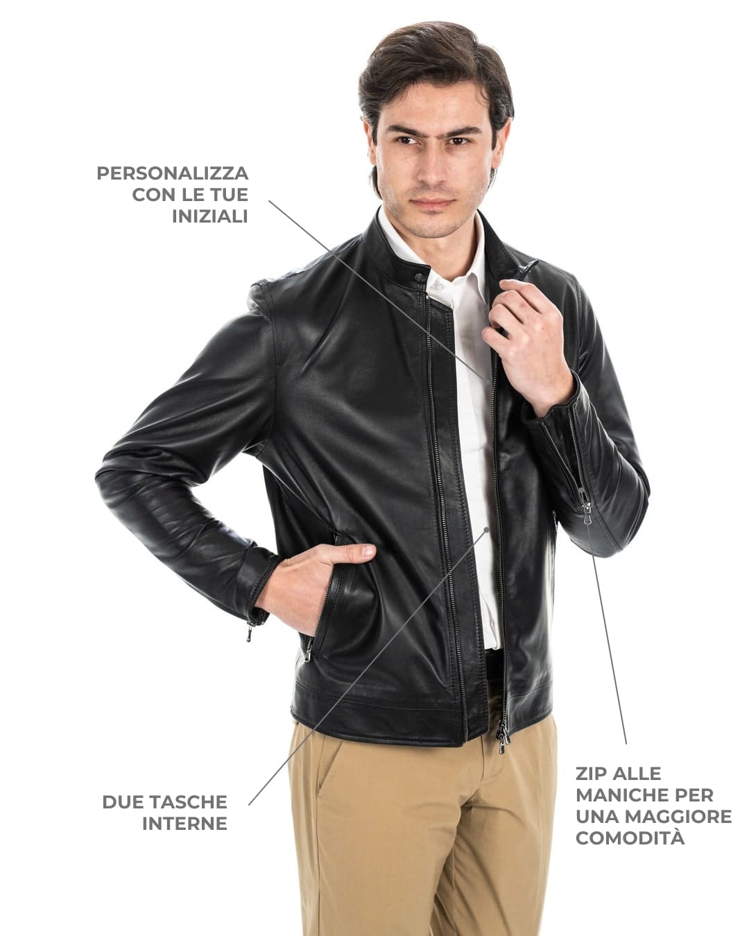 LOUIS Giacca Biker da uomo in vera pelle nero