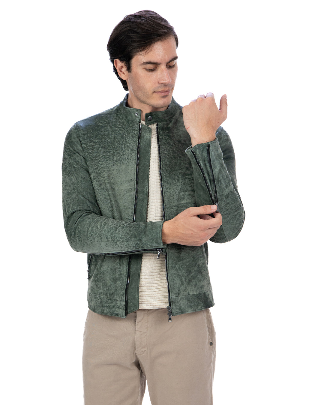 LOUIS Giacca Biker da uomo in vera pelle verde anticato