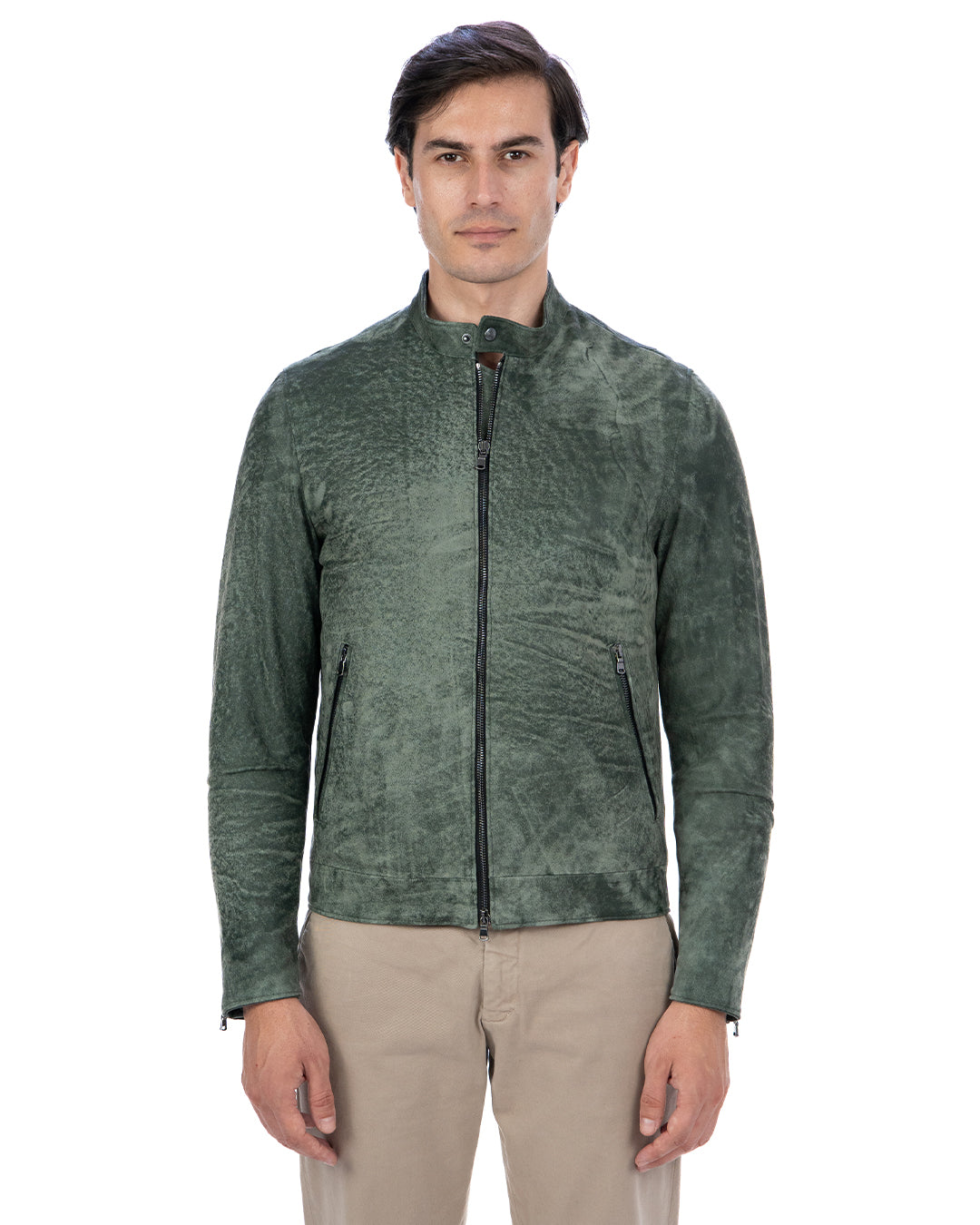 LOUIS Giacca Biker da uomo in vera pelle verde anticato