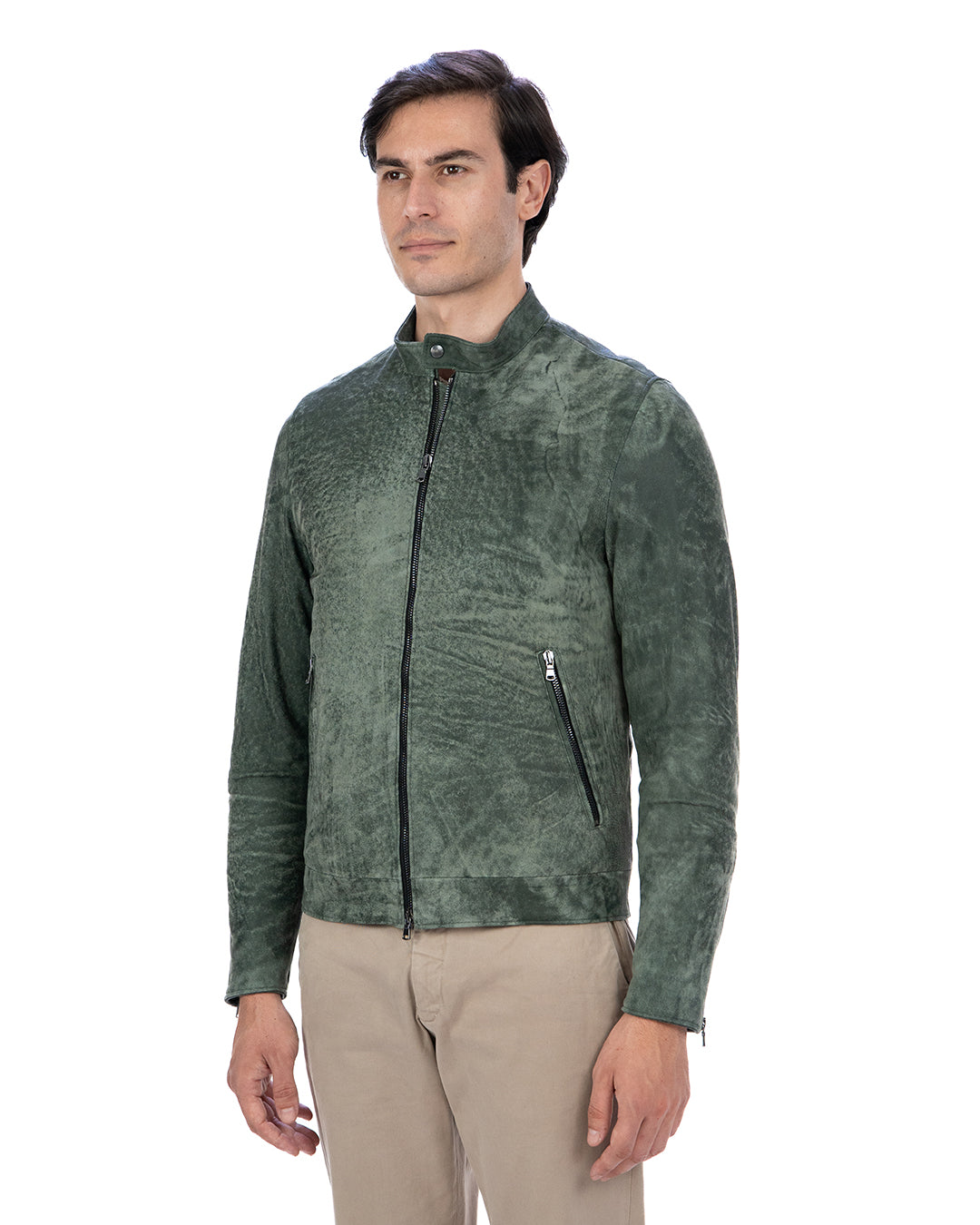 LOUIS Giacca Biker da uomo in vera pelle verde anticato
