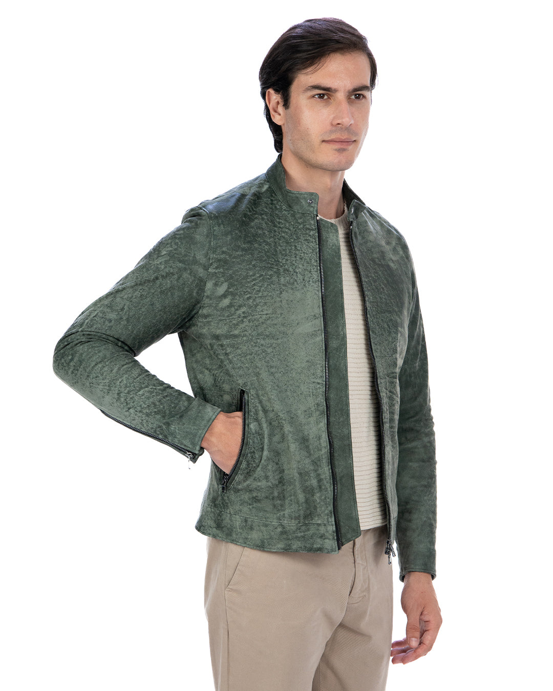 LOUIS Giacca Biker da uomo in vera pelle verde anticato