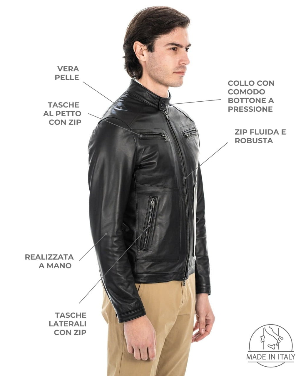 CRISTIAN Giacca Biker da uomo in vera pelle nero