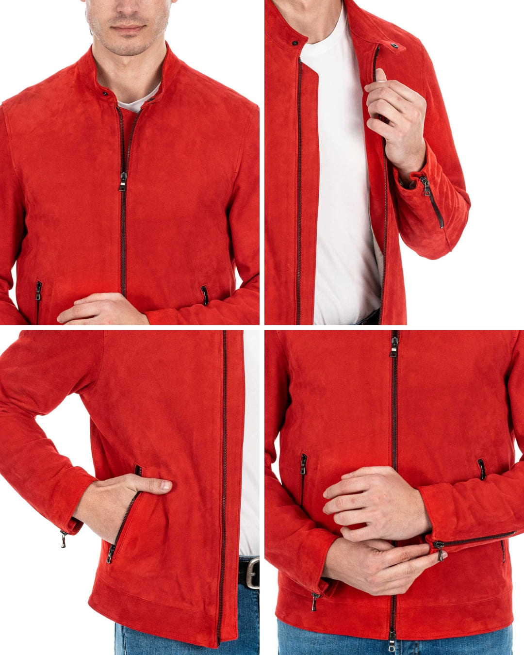 LOUIS Giacca Biker da uomo in vera pelle scamosciata rosso