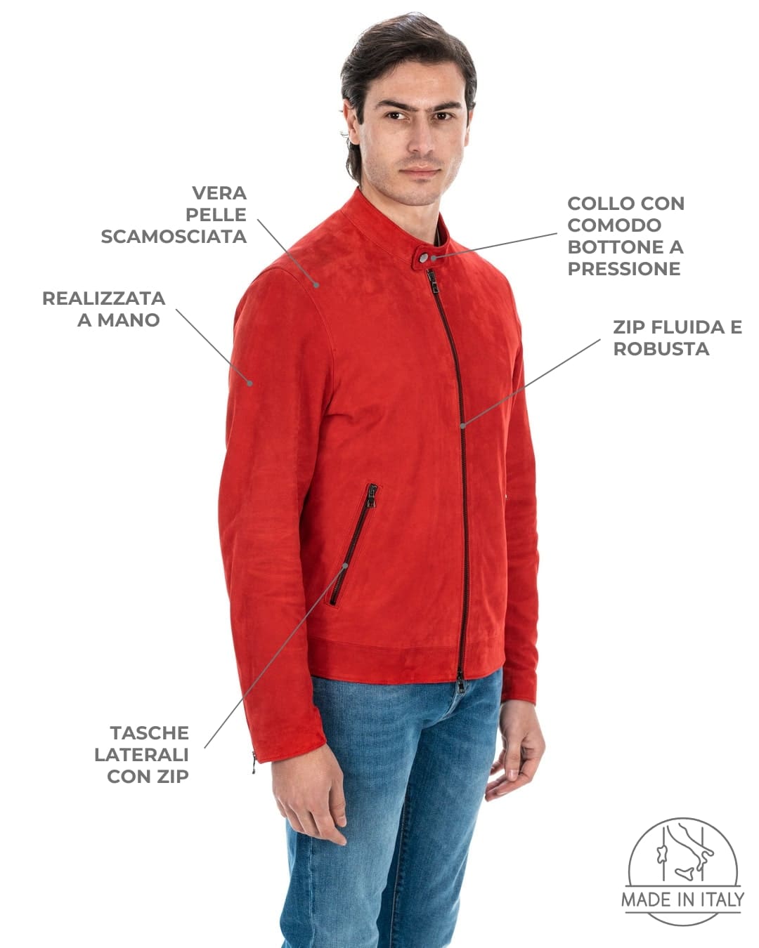 LOUIS Giacca Biker da uomo in vera pelle scamosciata rosso