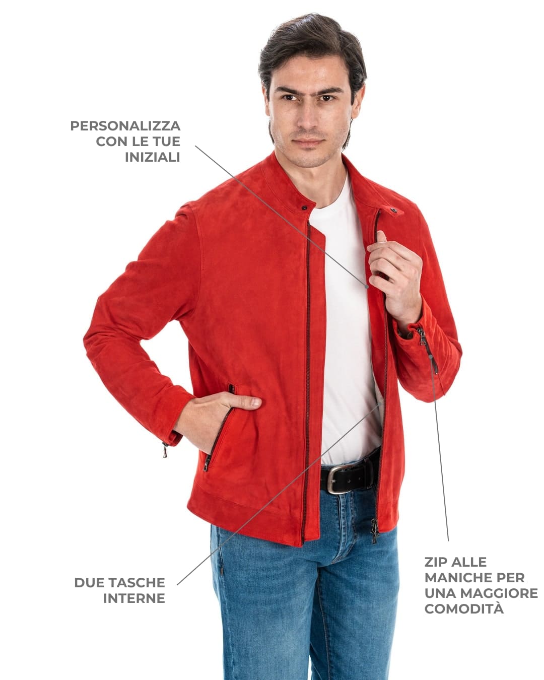 LOUIS Giacca Biker da uomo in vera pelle scamosciata rosso