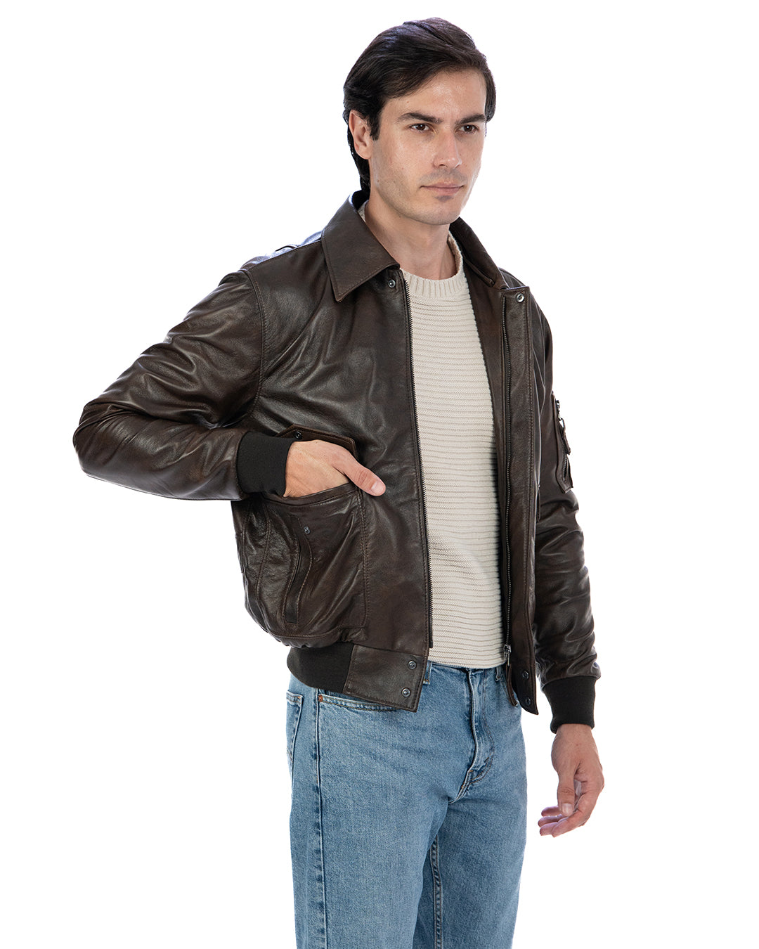 MAVERICK Giubbotto Aviatore Top Gun da uomo in vera pelle T. Moro effetto anticato