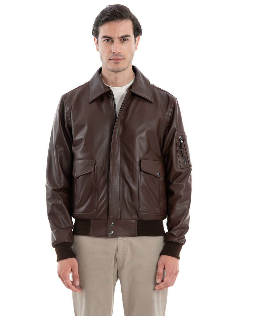 Giubbotto Aviatore Top Gun da uomo in vera pelle marrone effetto tamponato