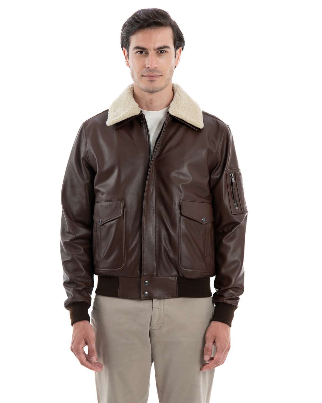Giubbotto Aviatore Top Gun da uomo in vera pelle marrone effetto tamponato