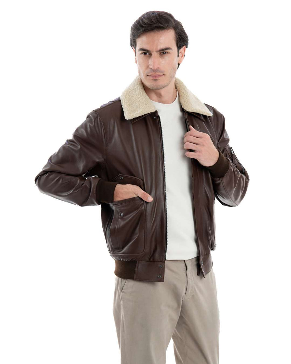 MAVERICK SH Giubbotto Aviatore Top Gun da uomo in vera pelle marrone effetto tamponato