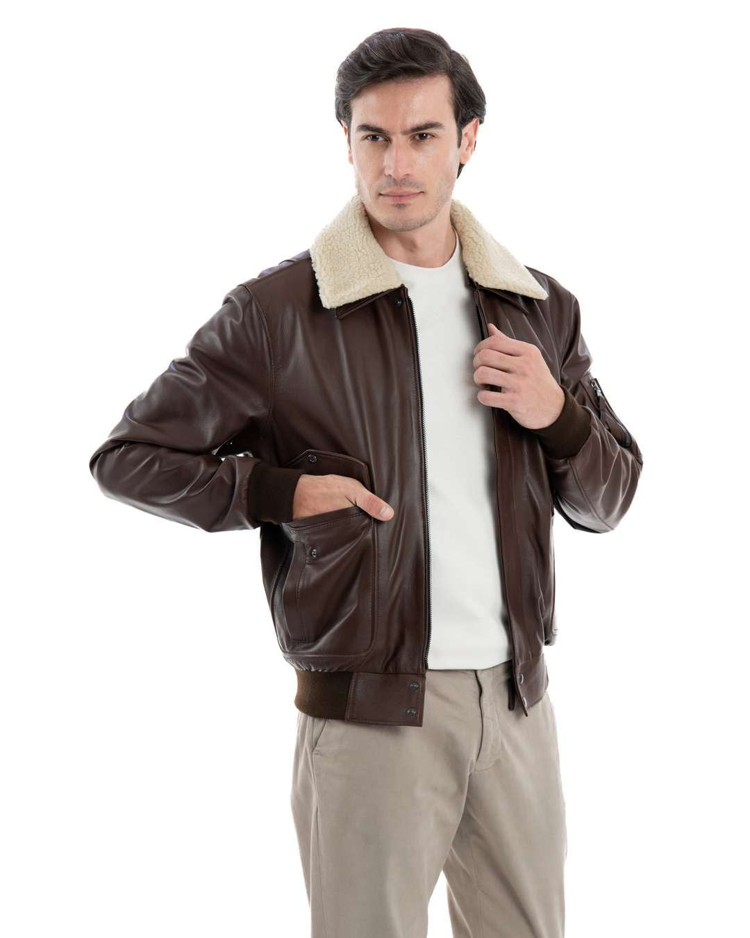 MAVERICK SH Giubbotto Aviatore Top Gun da uomo in vera pelle marrone effetto tamponato