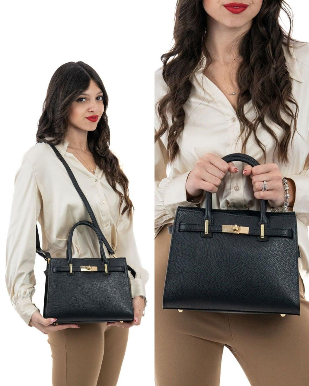 CELINE Borsa a mano in vera pelle martellata colore nero con tracolla