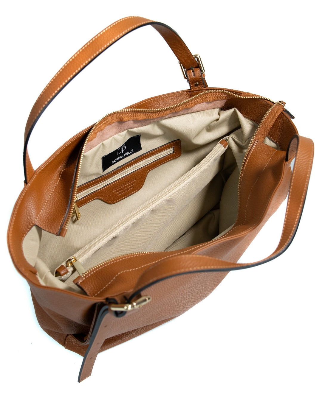 MELISSA Borsa a spalla in vera pelle martellata colore cuoio con manici regolabili