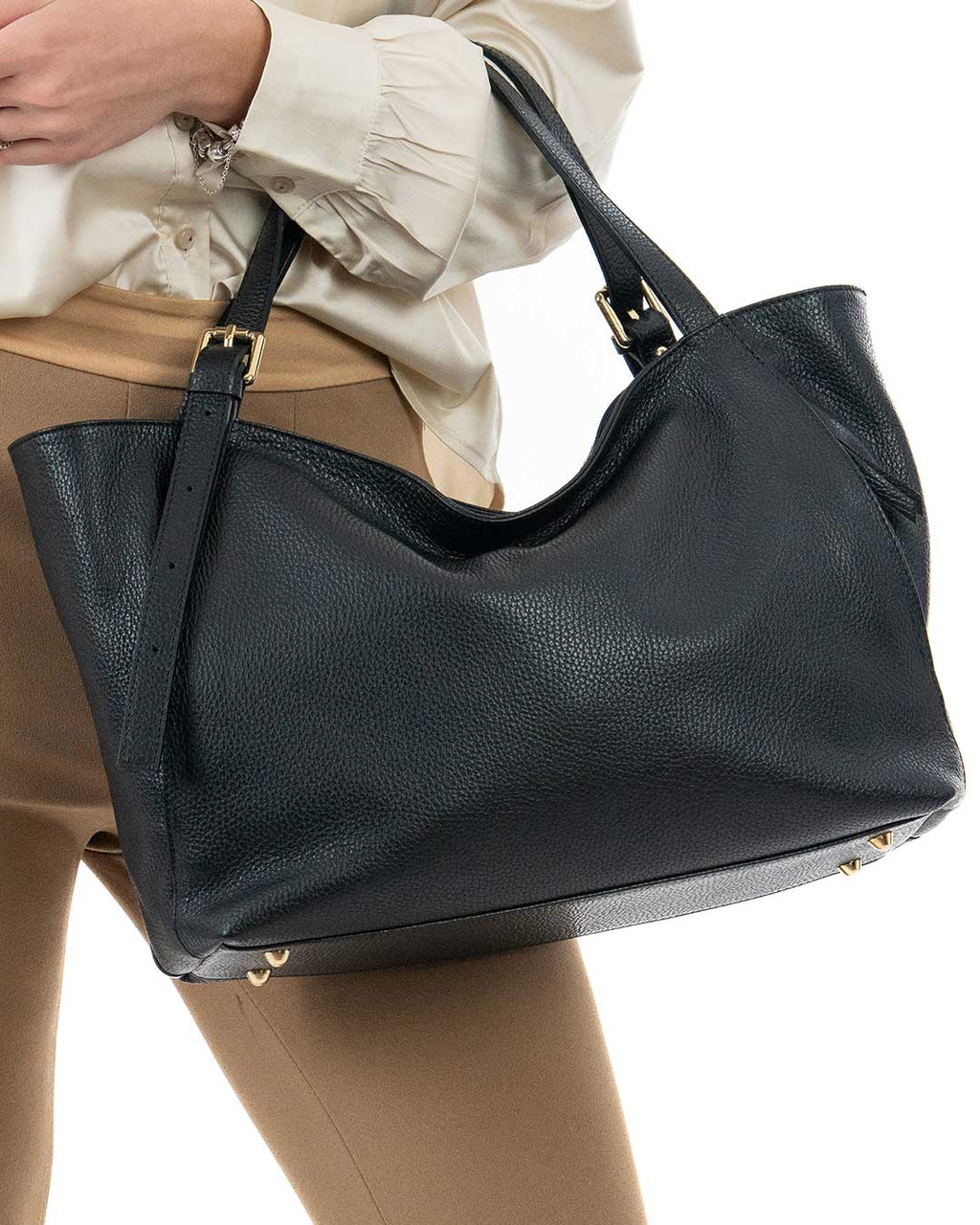 MELISSA Borsa a spalla in vera pelle martellata colore nero con manici regolabili